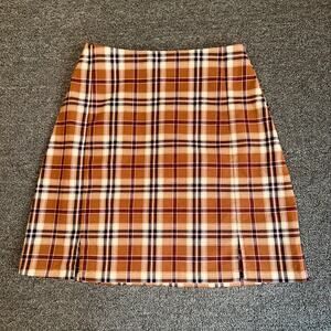 Brandy Melville Mini Skirt Women’s Orange Brown Plaid Stretch Slit Hem Small /XS